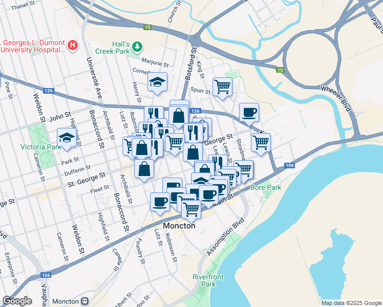 map of restaurants, bars, coffee shops, grocery stores, and more near 101 Botsford Street in Moncton