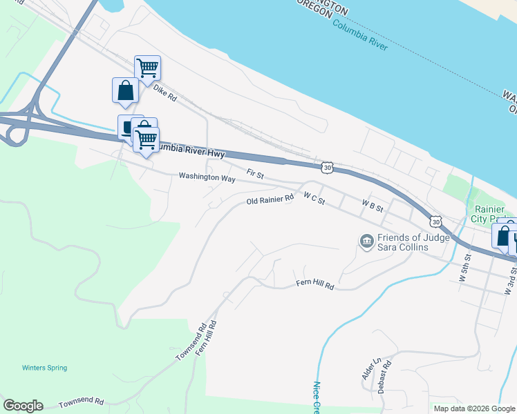 map of restaurants, bars, coffee shops, grocery stores, and more near 29660 Riverview Terrace in Rainier