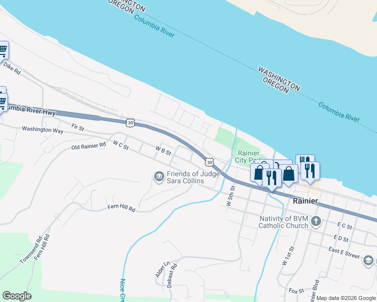 map of restaurants, bars, coffee shops, grocery stores, and more near 805 West B Street in Rainier