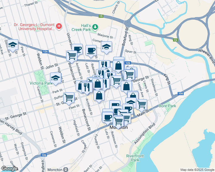 map of restaurants, bars, coffee shops, grocery stores, and more near in Moncton