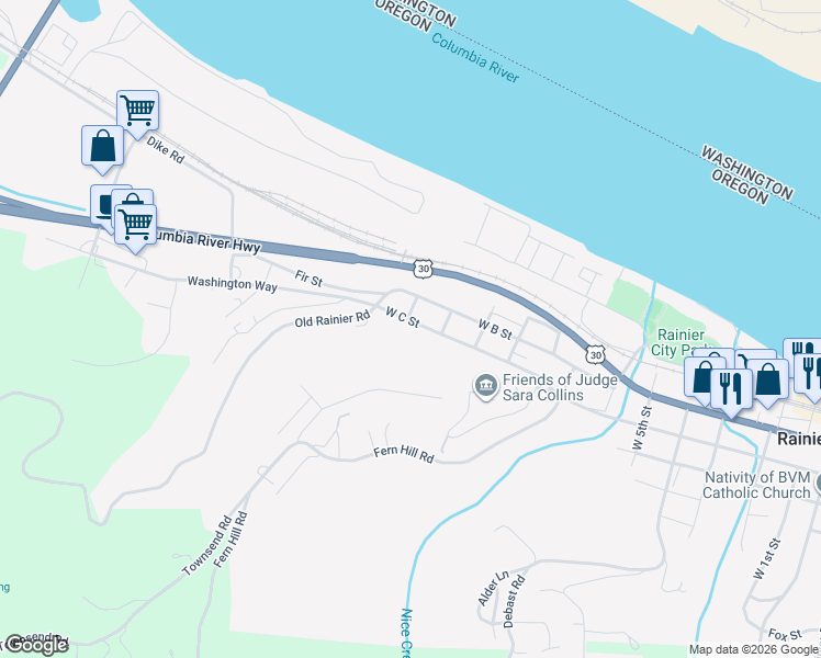 map of restaurants, bars, coffee shops, grocery stores, and more near 1126 West C Street in Rainier