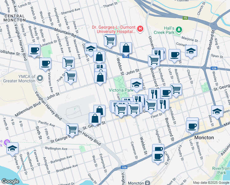 map of restaurants, bars, coffee shops, grocery stores, and more near 230 Cameron Street in Moncton