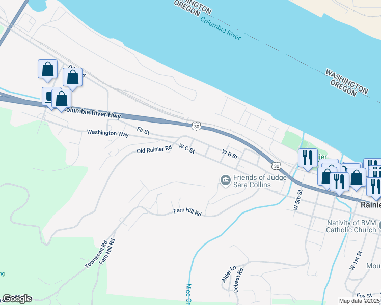 map of restaurants, bars, coffee shops, grocery stores, and more near 1126 West C Street in Rainier
