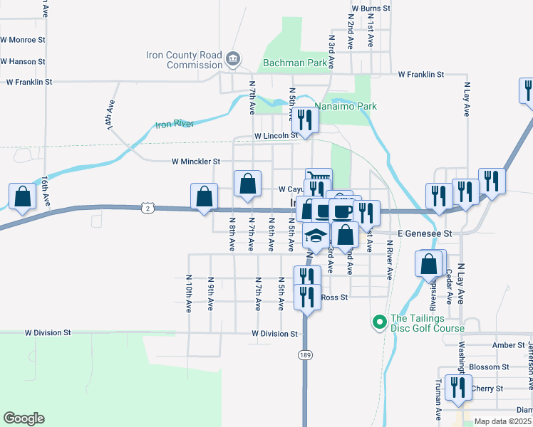 map of restaurants, bars, coffee shops, grocery stores, and more near 629 West Adams Street in Iron River