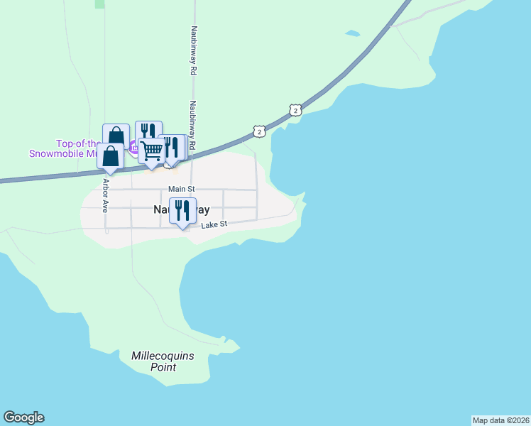 map of restaurants, bars, coffee shops, grocery stores, and more near 11500 Lake St in Naubinway