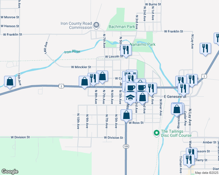 map of restaurants, bars, coffee shops, grocery stores, and more near 629 West Adams Street in Iron River