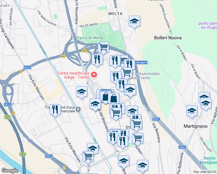 map of restaurants, bars, coffee shops, grocery stores, and more near 40 Via Renato Lunelli in Trento