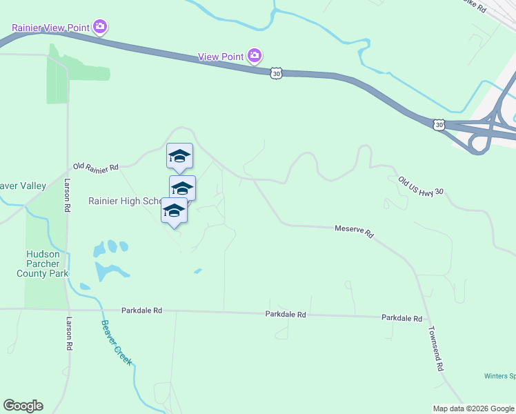 map of restaurants, bars, coffee shops, grocery stores, and more near 28268 Old Rainier Road in Rainier