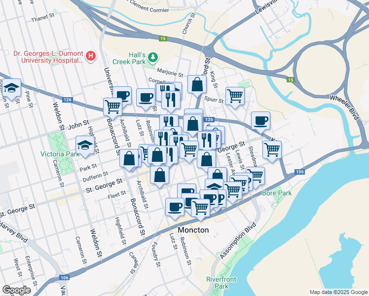 map of restaurants, bars, coffee shops, grocery stores, and more near 142 Alma Street in Moncton