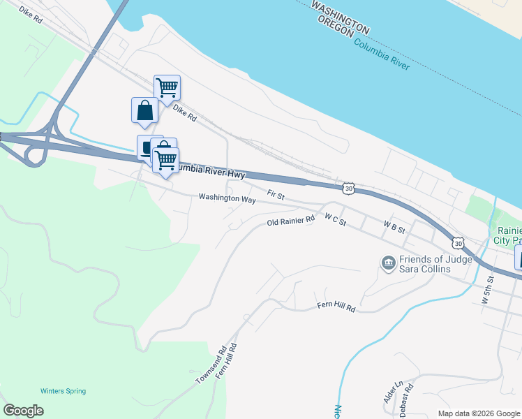 map of restaurants, bars, coffee shops, grocery stores, and more near 29656 Fir Street in Rainier