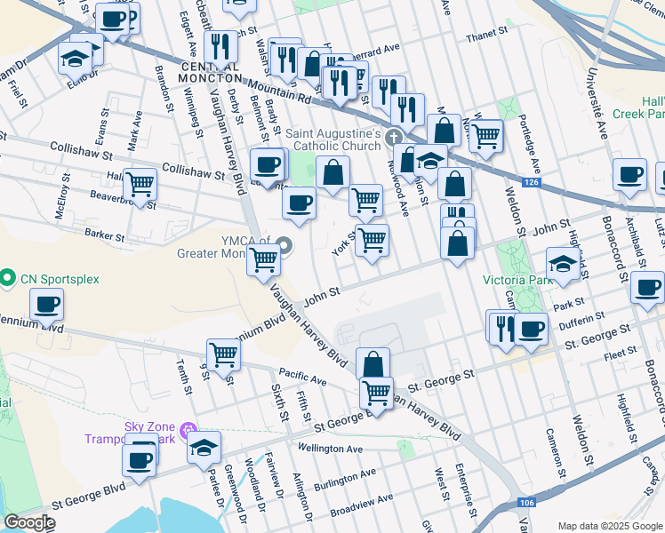 map of restaurants, bars, coffee shops, grocery stores, and more near in Moncton