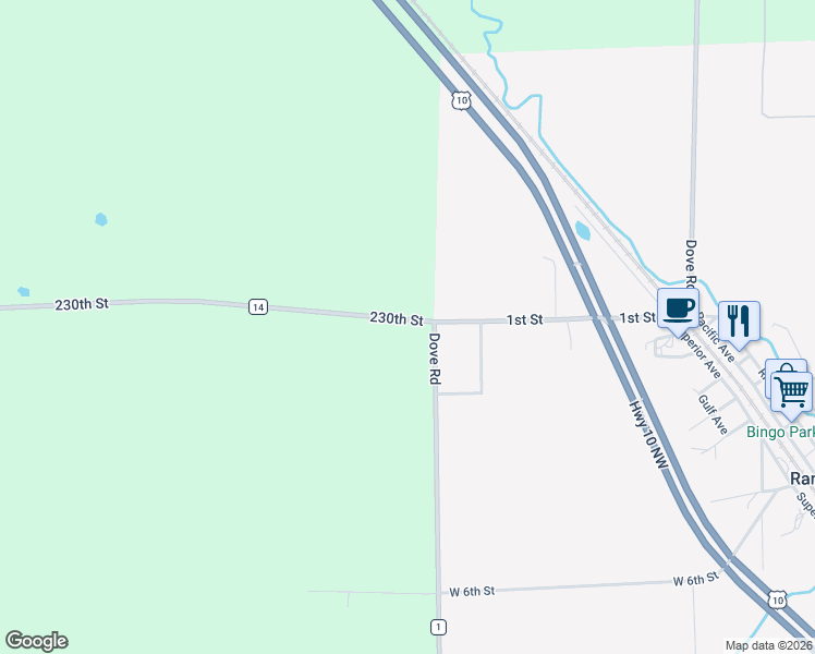 map of restaurants, bars, coffee shops, grocery stores, and more near 6995 230th Street in Randall