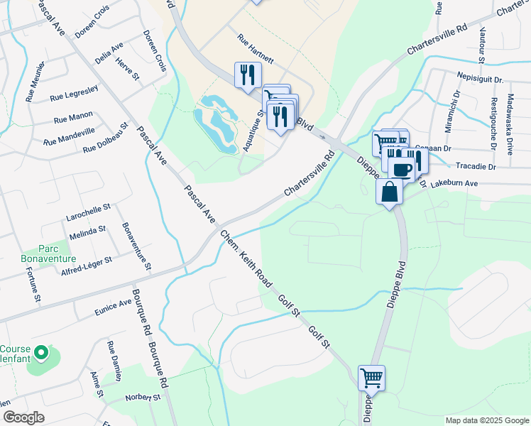 map of restaurants, bars, coffee shops, grocery stores, and more near 680 Chartersville Road in Dieppe