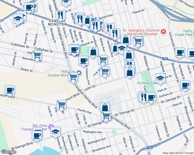 map of restaurants, bars, coffee shops, grocery stores, and more near 9 Veniot Street in Moncton