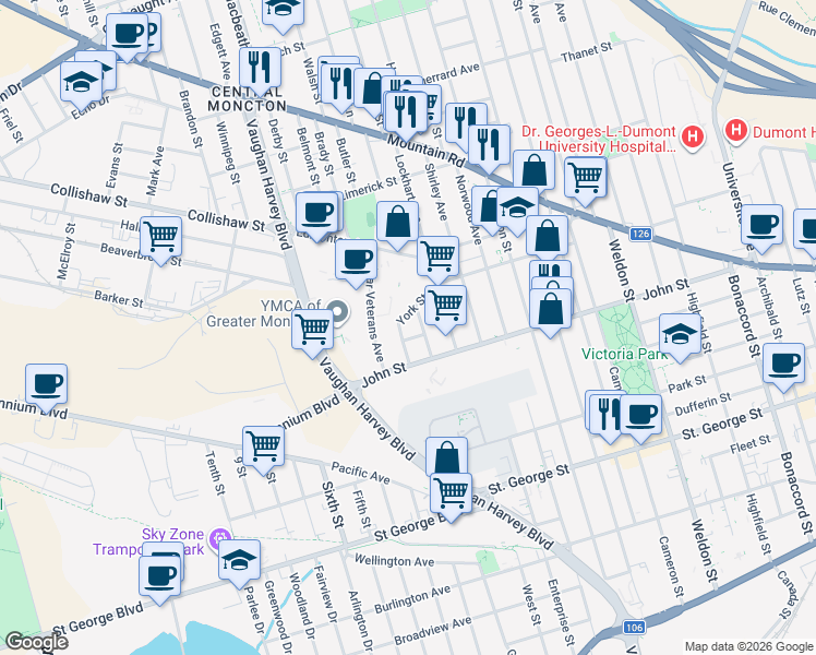 map of restaurants, bars, coffee shops, grocery stores, and more near 11 Veniot Street in Moncton