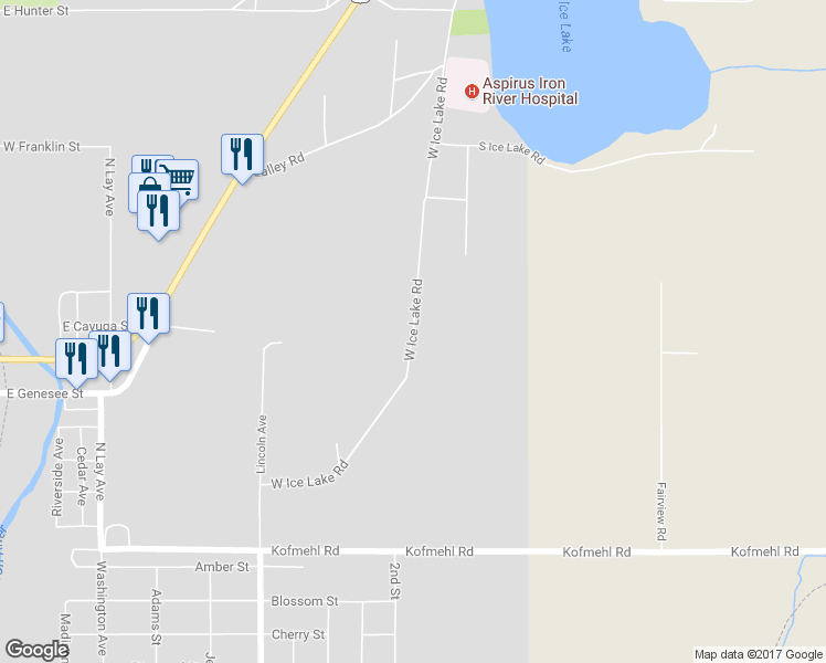 map of restaurants, bars, coffee shops, grocery stores, and more near 498 West Ice Lake Road in Iron River