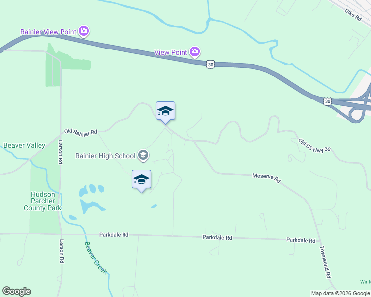 map of restaurants, bars, coffee shops, grocery stores, and more near 28268 Old Rainier Road in Rainier