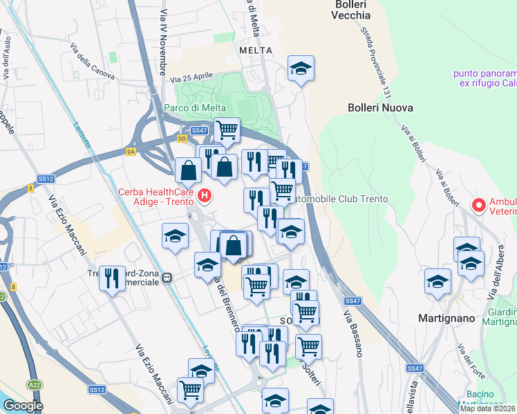 map of restaurants, bars, coffee shops, grocery stores, and more near 24 Via Romano Guardini in Trento