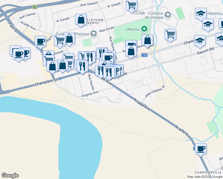 map of restaurants, bars, coffee shops, grocery stores, and more near 216 Gauvin Road in Dieppe