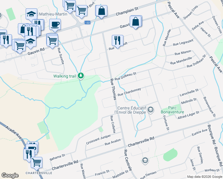 map of restaurants, bars, coffee shops, grocery stores, and more near 162 Rue Thomas in Dieppe