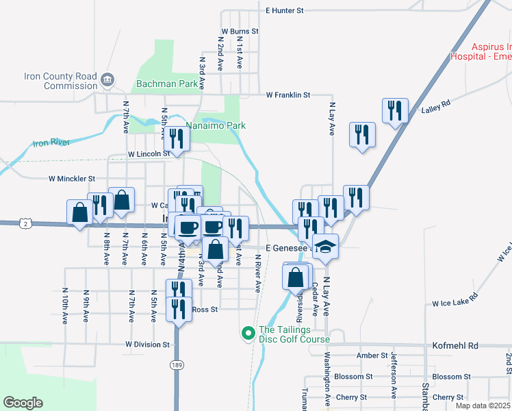 map of restaurants, bars, coffee shops, grocery stores, and more near 5 West Cayuga Street in Iron River