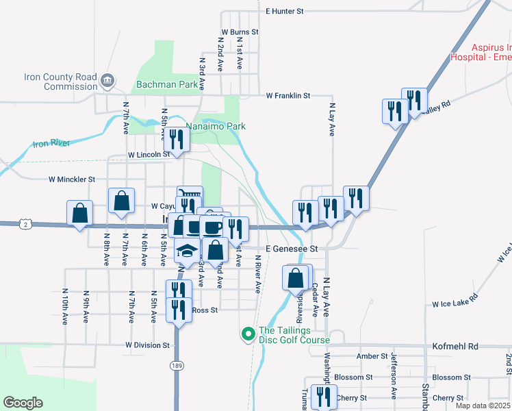 map of restaurants, bars, coffee shops, grocery stores, and more near 5 West Cayuga Street in Iron River