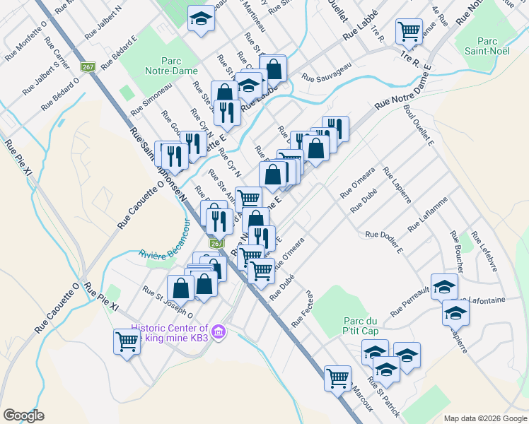 map of restaurants, bars, coffee shops, grocery stores, and more near 163 Rue Notre-Dame Est in Thetford Mines