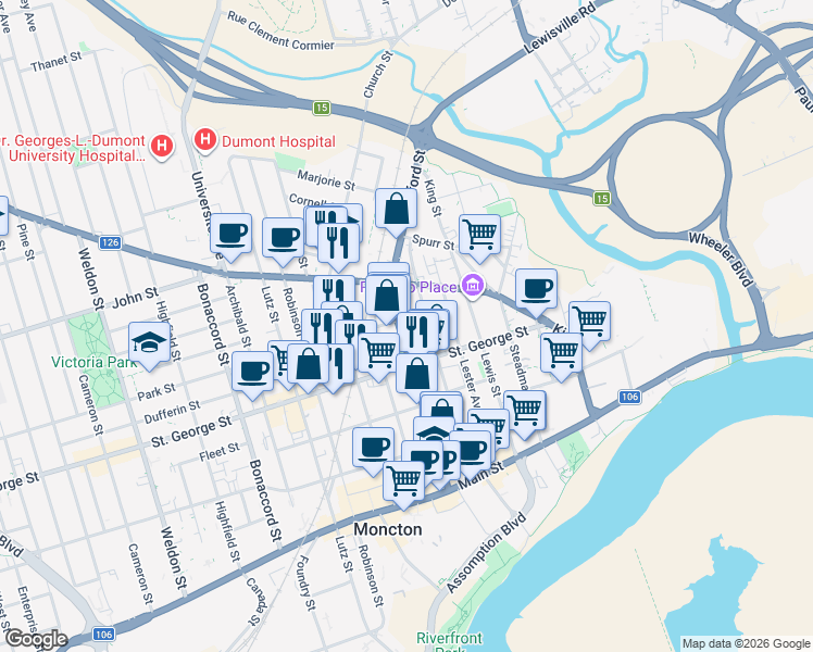 map of restaurants, bars, coffee shops, grocery stores, and more near 153 Botsford Street in Moncton