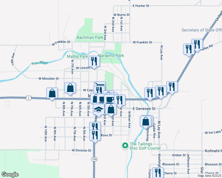 map of restaurants, bars, coffee shops, grocery stores, and more near 200 West Cayuga Street in Iron River