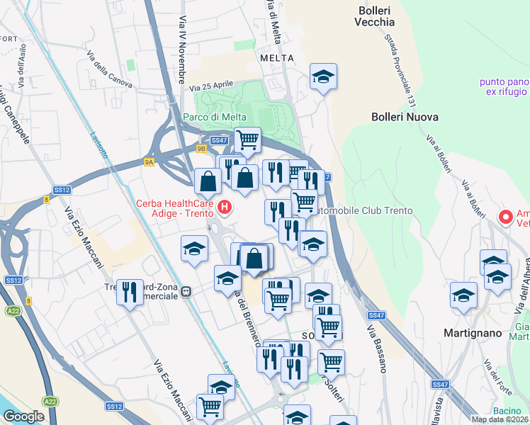 map of restaurants, bars, coffee shops, grocery stores, and more near 24 Via Romano Guardini in Trento