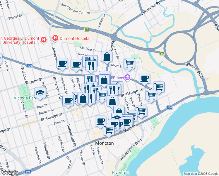 map of restaurants, bars, coffee shops, grocery stores, and more near 153 Botsford Street in Moncton