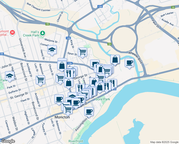 map of restaurants, bars, coffee shops, grocery stores, and more near 111 Steadman Street in Moncton
