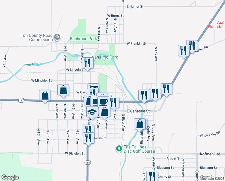 map of restaurants, bars, coffee shops, grocery stores, and more near 134 West Cayuga Street in Iron River