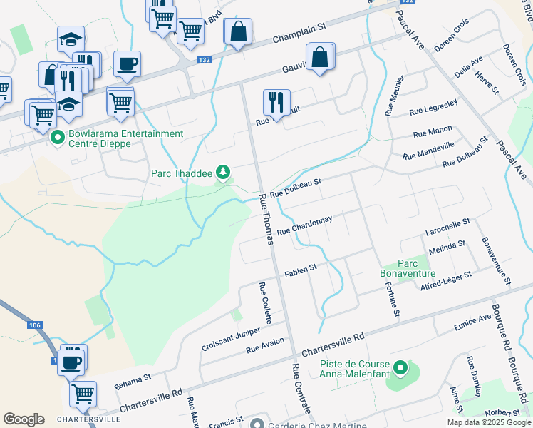 map of restaurants, bars, coffee shops, grocery stores, and more near Rue Thomas in Dieppe