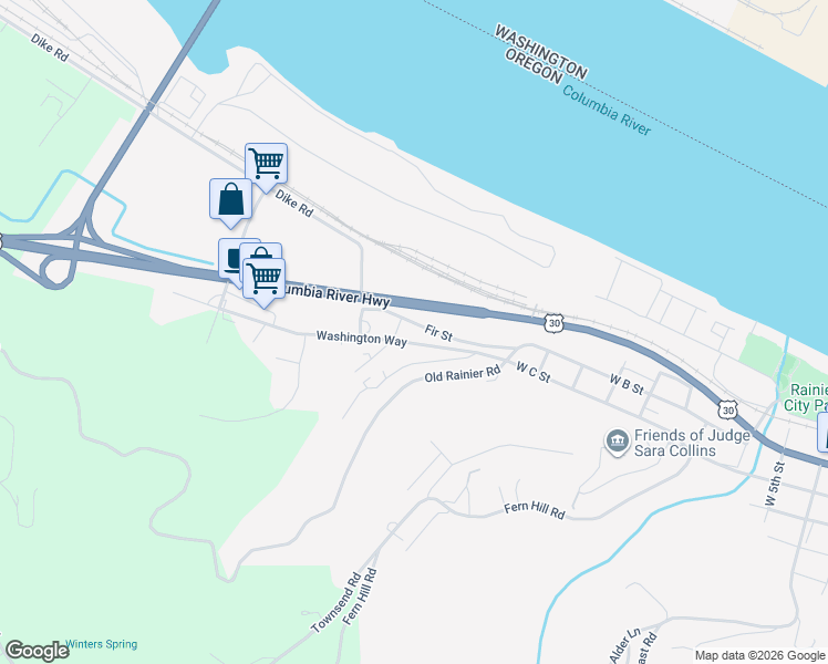 map of restaurants, bars, coffee shops, grocery stores, and more near 29656 Fir Street in Rainier