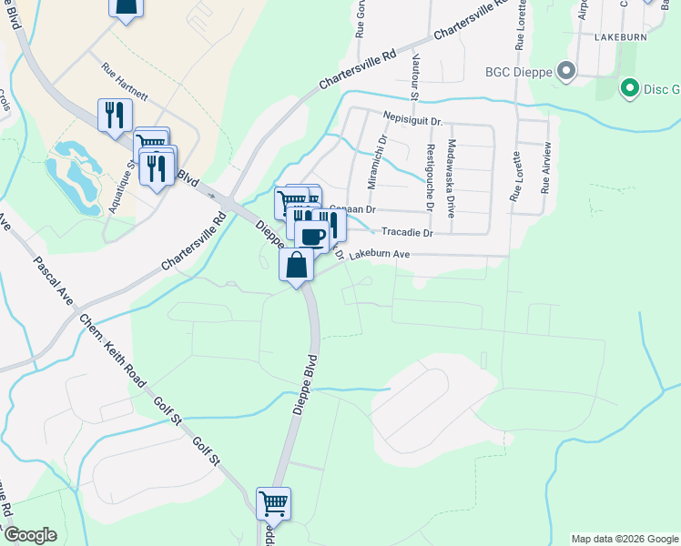 map of restaurants, bars, coffee shops, grocery stores, and more near 133 Kedgwick Drive in Dieppe