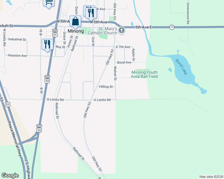 map of restaurants, bars, coffee shops, grocery stores, and more near 901 Walnut Street in Minong