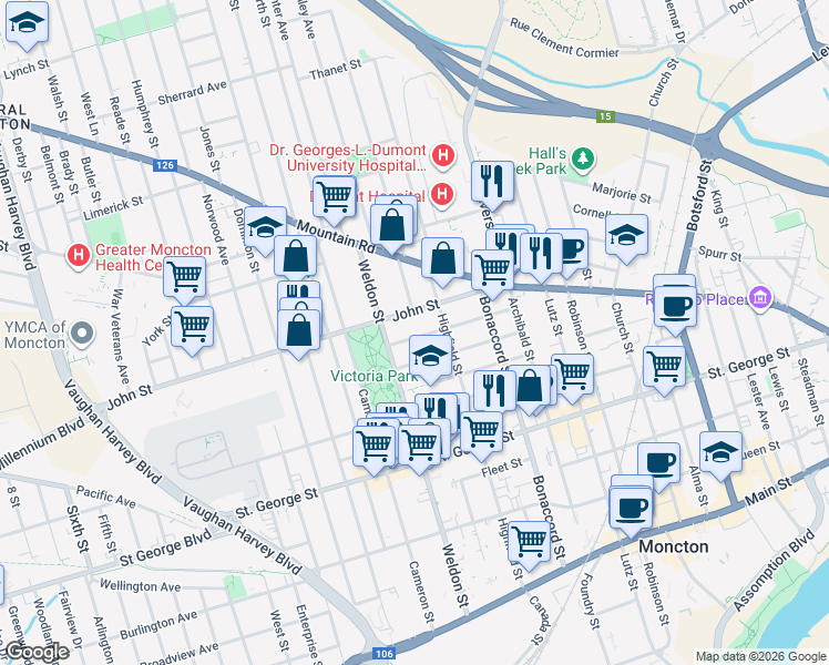map of restaurants, bars, coffee shops, grocery stores, and more near 57 Williams Street in Moncton