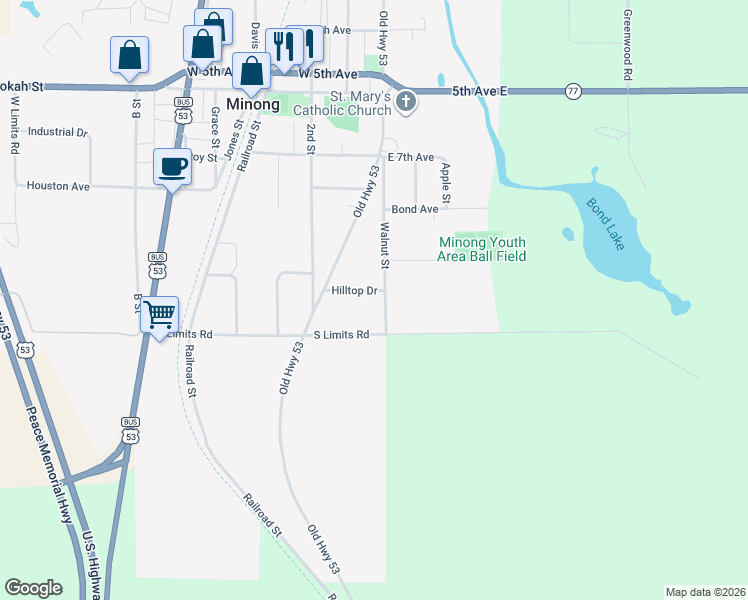 map of restaurants, bars, coffee shops, grocery stores, and more near 901 Walnut Street in Minong