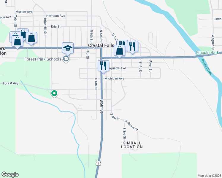 map of restaurants, bars, coffee shops, grocery stores, and more near 401 Forest Avenue in Crystal Falls