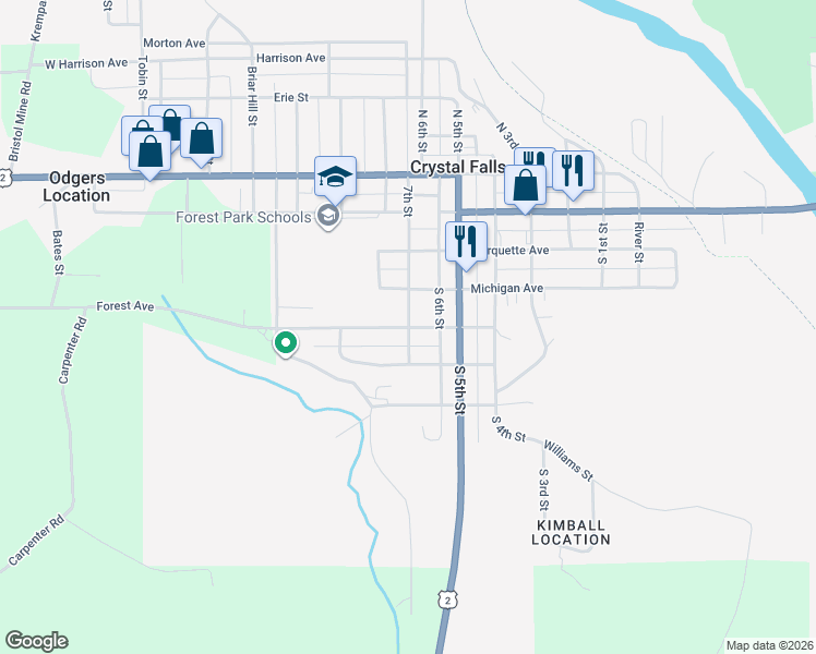 map of restaurants, bars, coffee shops, grocery stores, and more near 701 Forest Avenue in Crystal Falls