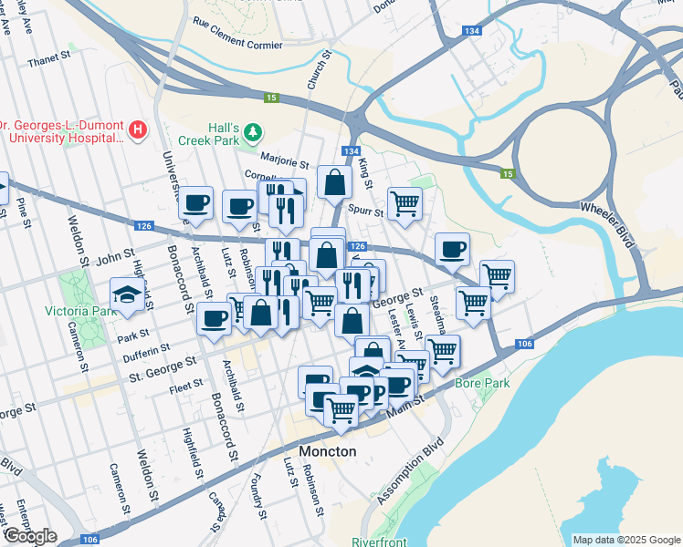 map of restaurants, bars, coffee shops, grocery stores, and more near 161 Botsford Street in Moncton