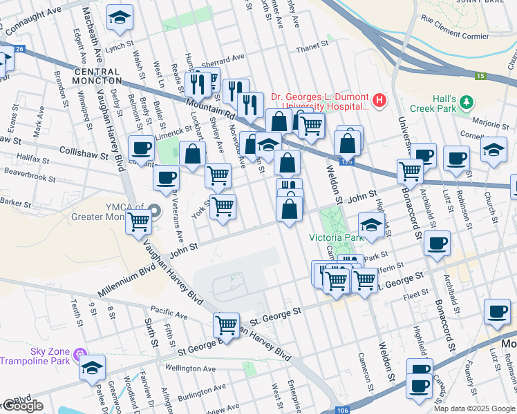 map of restaurants, bars, coffee shops, grocery stores, and more near in Moncton