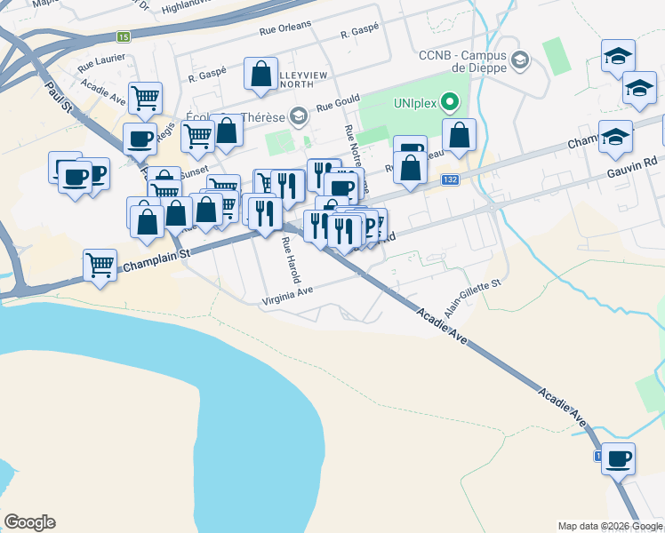 map of restaurants, bars, coffee shops, grocery stores, and more near 316 Acadie Avenue in Dieppe
