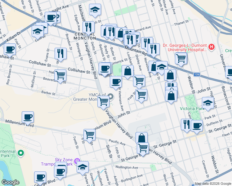 map of restaurants, bars, coffee shops, grocery stores, and more near 4 Flanders Court in Moncton