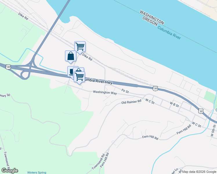 map of restaurants, bars, coffee shops, grocery stores, and more near 29590 Fir Street in Rainier