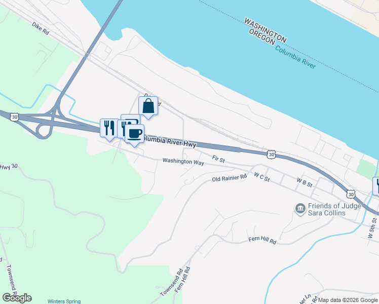 map of restaurants, bars, coffee shops, grocery stores, and more near 75688 Mill Street in Rainier