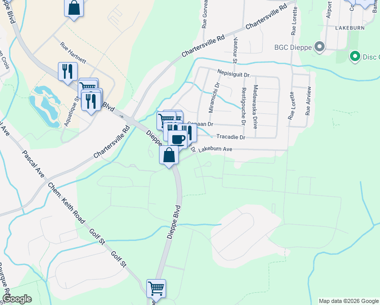 map of restaurants, bars, coffee shops, grocery stores, and more near 115 Kedgwick Drive in Dieppe