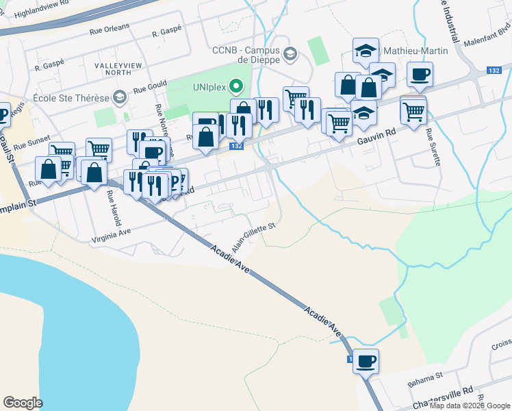map of restaurants, bars, coffee shops, grocery stores, and more near 303 Normandie Street in Dieppe