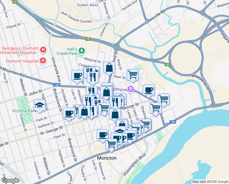 map of restaurants, bars, coffee shops, grocery stores, and more near 180 Wesley Street in Moncton